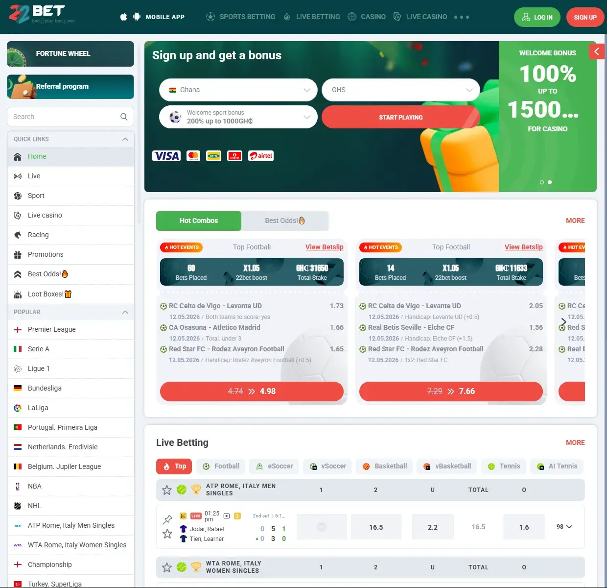 22Bet Ghana desktop betting site screenshot