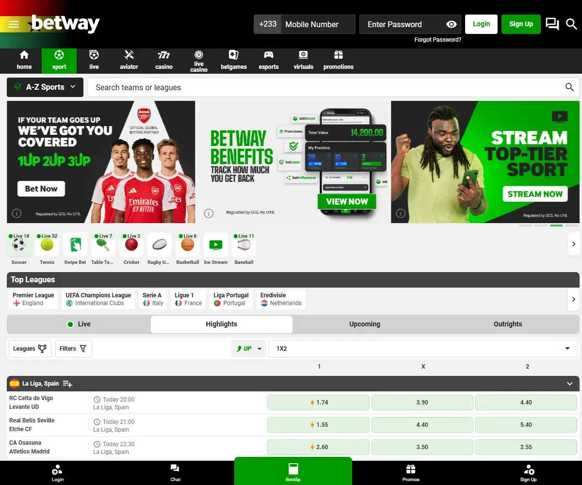 Betway Ghana desktop betting site screenshot