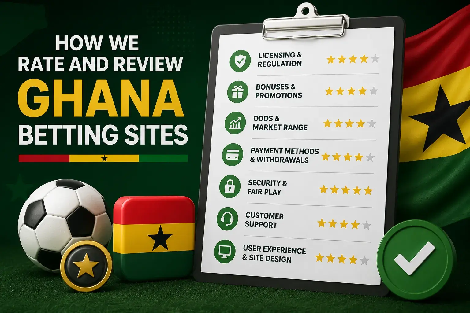 How we rate and review Ghana betting sites across licensing, bonuses, odds, payments, security, support and user experience