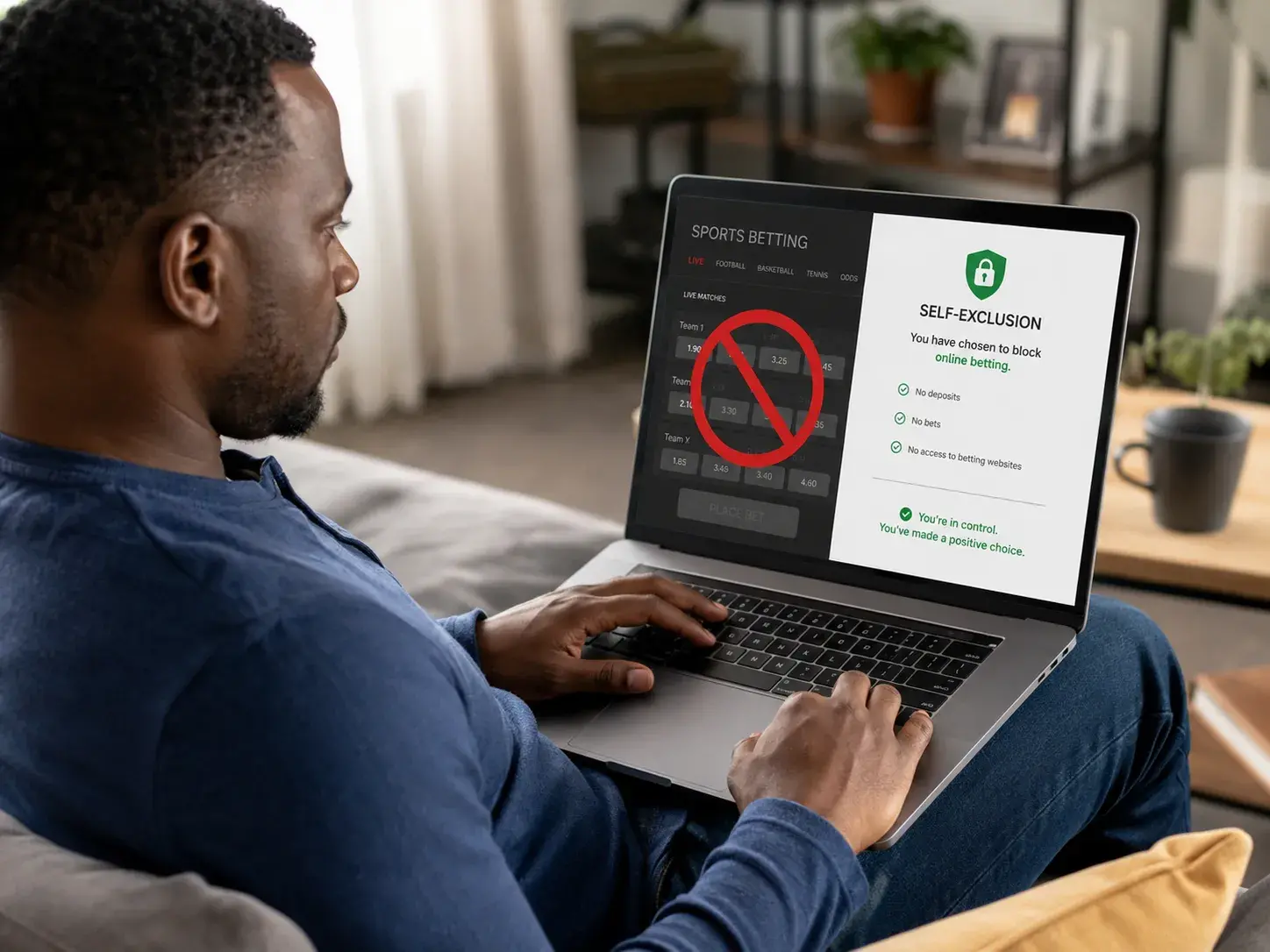 Person using online betting self-exclusion controls on a laptop