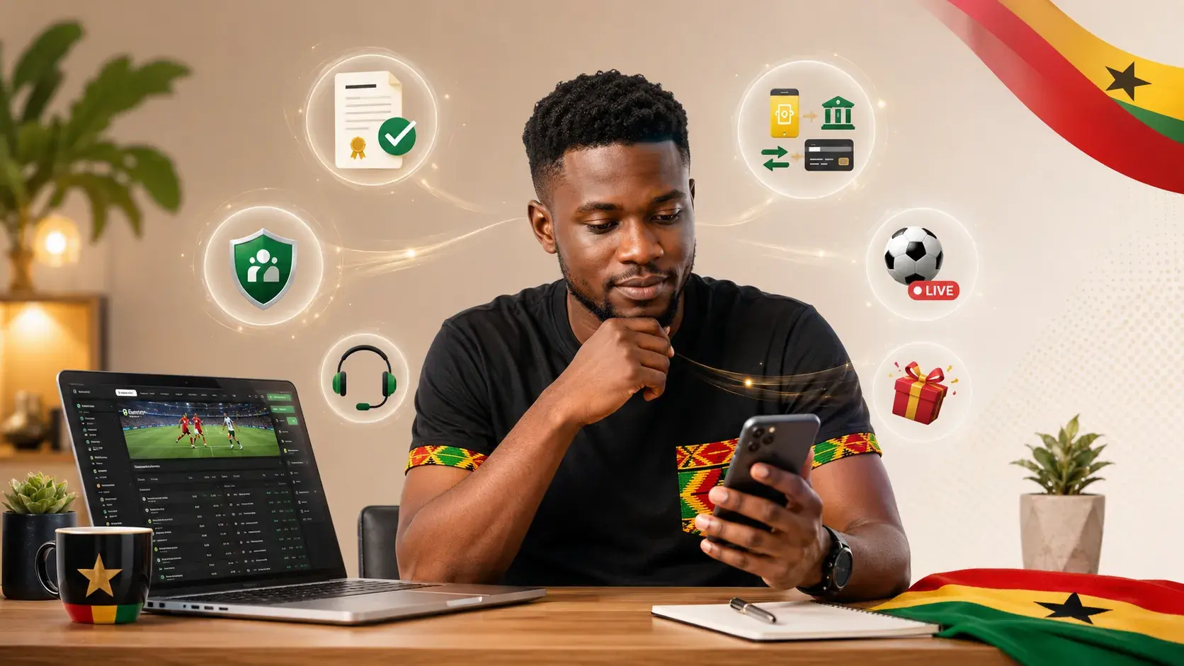Ghanaian bettor checking licence, payments, bonus rules and account safety before choosing a betting site