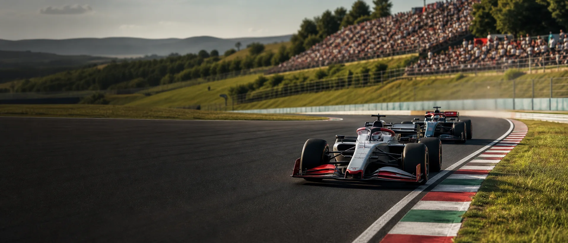 Open-wheel racing cars navigating a technical circuit in summer