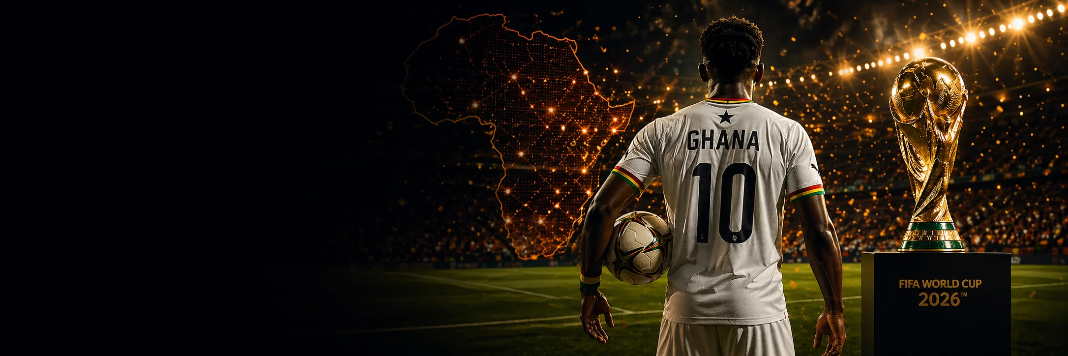 Ghana footballer looking toward a World Cup stadium scene