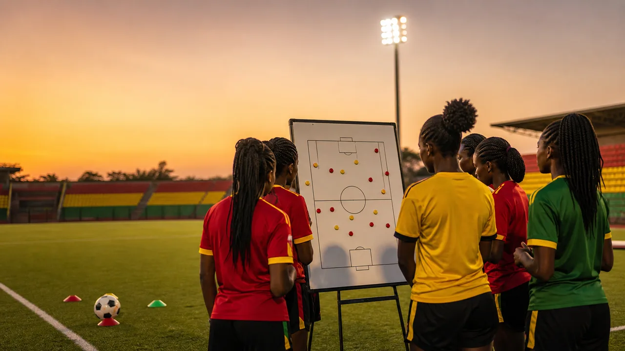 Generic Ghana youth women's footballers studying a blank tactics board on a training pitch