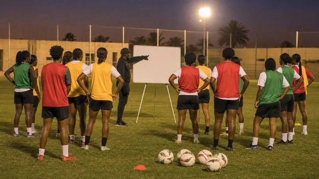 Generic women's footballers listening to a coach beside a blank tactics board during evening training