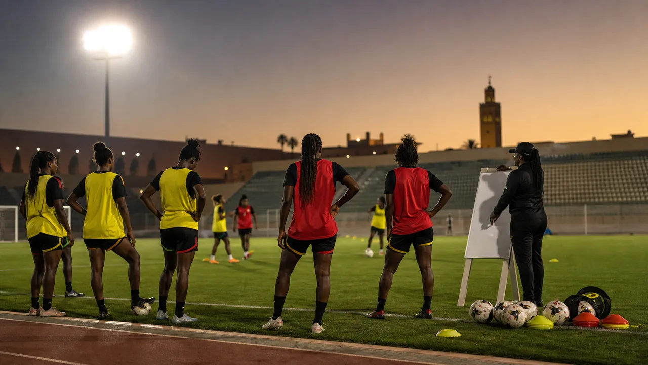 Generic women's footballers studying a blank tactics board during an evening training session