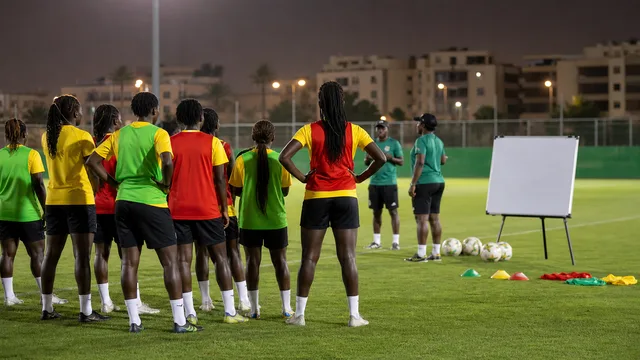 Generic women's footballers listening to coaches beside a blank tactics board at evening training