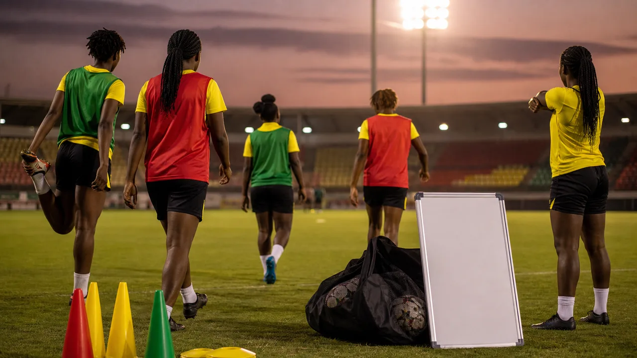 Generic women's footballers training under stadium lights beside a blank tactics board