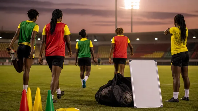 Generic women's footballers training under stadium lights beside a blank tactics board