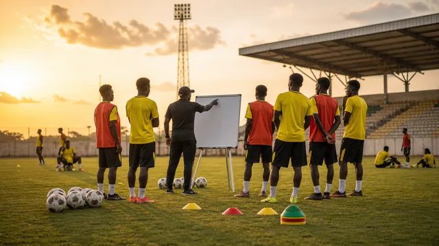 Generic Ghana youth footballers listening to a coach beside a blank tactics board at evening training