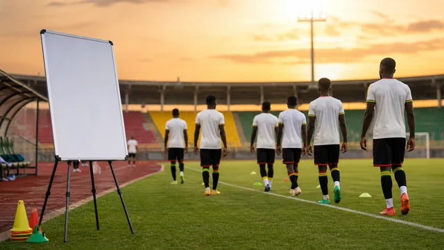 Generic Ghana footballers walking onto a domestic stadium pitch beside a blank tactics board