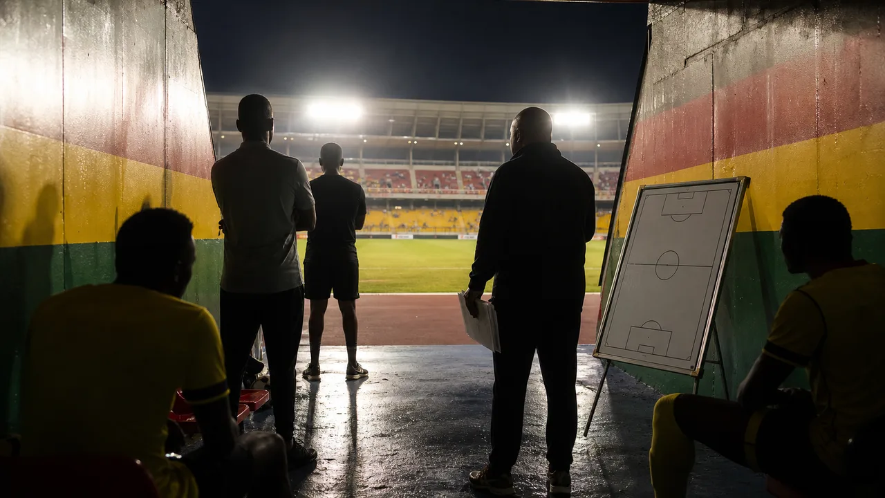 Generic Ghana football staff and players waiting in a stadium tunnel beside a blank tactical board