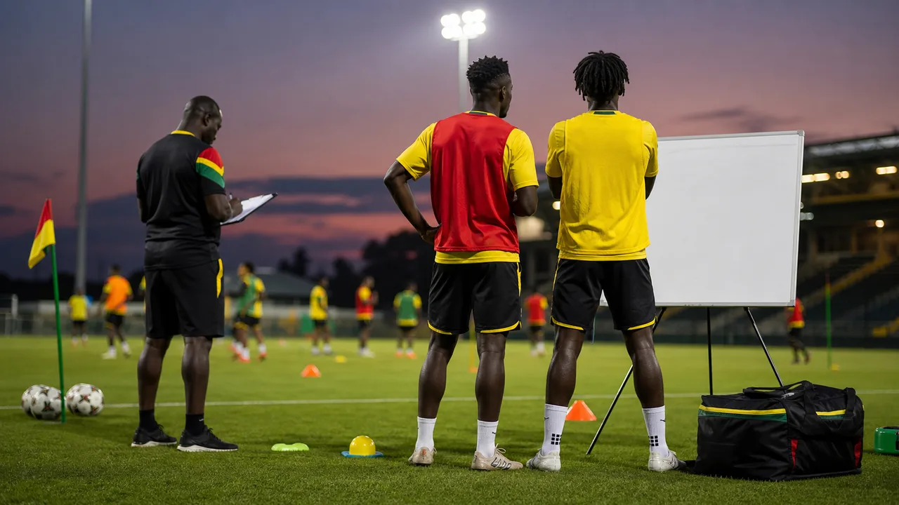 Generic Ghana footballers reviewing a blank tactics board on a training pitch at dusk