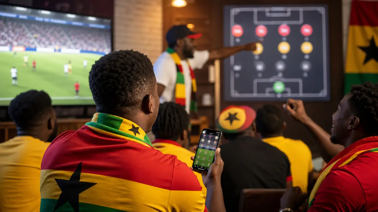 Ghana supporters studying a World Cup group tactical board during a football watch party