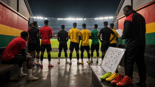 Generic Ghana footballers and a coach reviewing tactics in a stadium tunnel after a World Cup match
