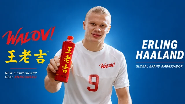 Erling Haaland holding a red WALOVI Wanglaoji herbal tea bottle