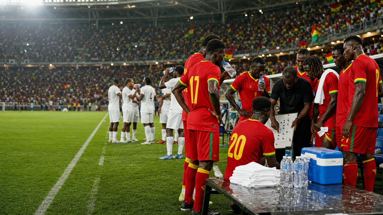 Ghana footballers and coaches using a hydration break to review tactics during a World Cup match